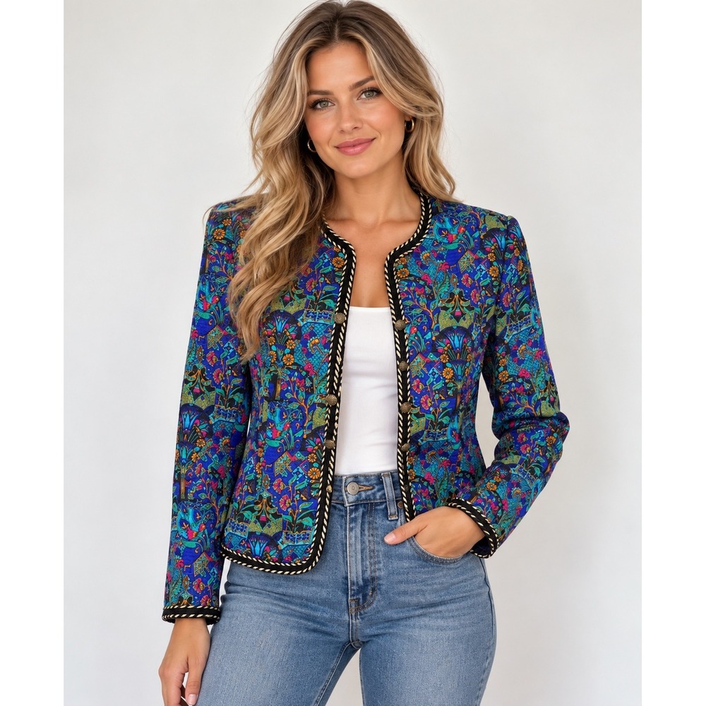 Adrianna Papell Safe Silk 100% Silk Jacket Jewel Floral Brocade Vintage Style